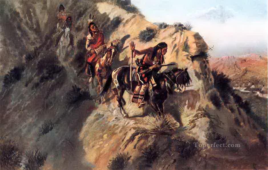 Explorando al enemigo 1890 Charles Marion Russell Indios Americanos Pintura al óleo